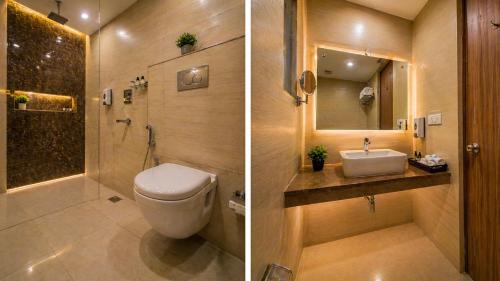 two pictures of a bathroom with a toilet and a sink at Hotel Ronit Royal - Delhi Airport in New Delhi