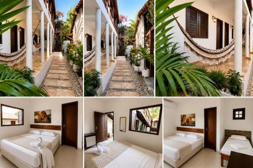 a collage of photos of a house with beds and plants at Pousada Jangá Jeri in Jericoacoara