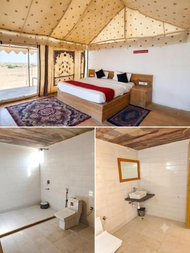 two pictures of a bedroom with a bed and a bathroom at Best desert camp in jaisalmer The Velvet Dunes in Sām