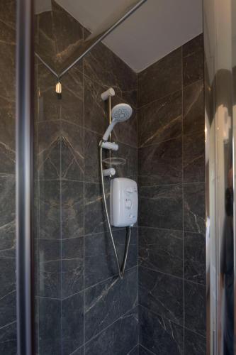 a shower in a bathroom with a black tile at Dingle Lispole Garden Suite 10 B in Lispole