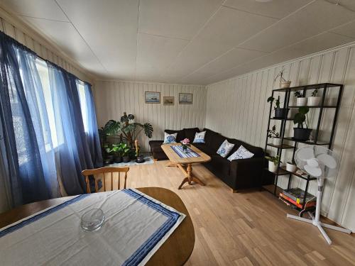 a living room with a couch and a table at Quiet Valley Tomrefjord in Vestnes