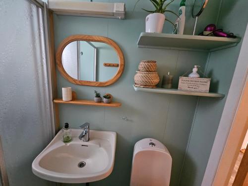 a bathroom with a sink and a mirror at Quiet Valley Tomrefjord in Vestnes