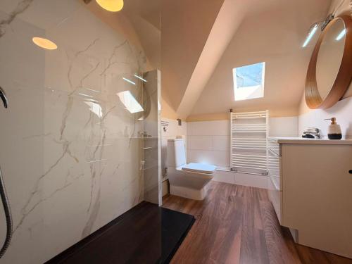 a bathroom with a shower and a toilet at Lev Or Aparthotel in Bucharest