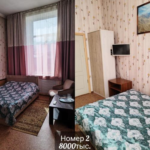 a hotel room with a bed and a window at Швейцария in Karataldy