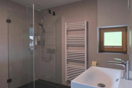 a bathroom with a shower and a white sink at Forte Apartments in Klösterle