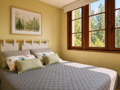 a bedroom with a large bed with two pillows at Montana Family Nature in Enveitg