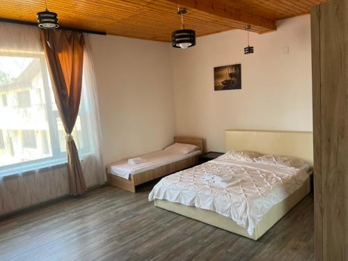 a bedroom with two beds and a window at Casa Selly in Tulcea