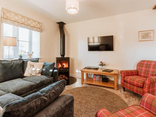 a living room with a couch and a fireplace at Copper Beech Cottage in Welshpool