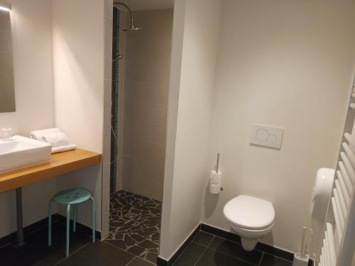 a bathroom with a toilet and a sink and a shower at Hôtel Résidence Bergara in Souraïde
