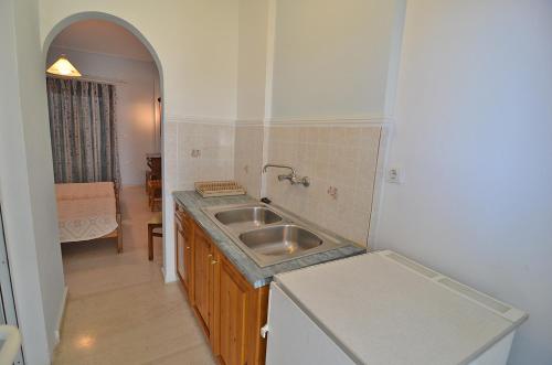 eine Küche mit Spüle und Arbeitsplatte in der Unterkunft Athina apartments in Argassi