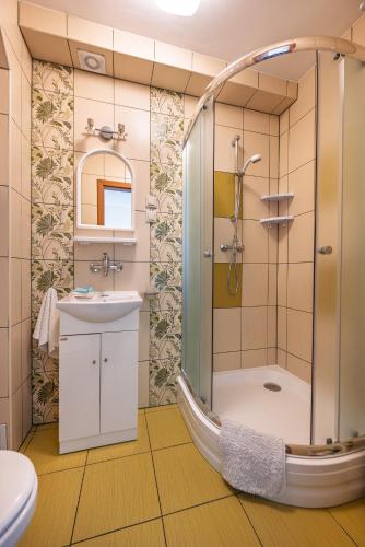 a bathroom with a shower and a sink at Bajka in Dąbki