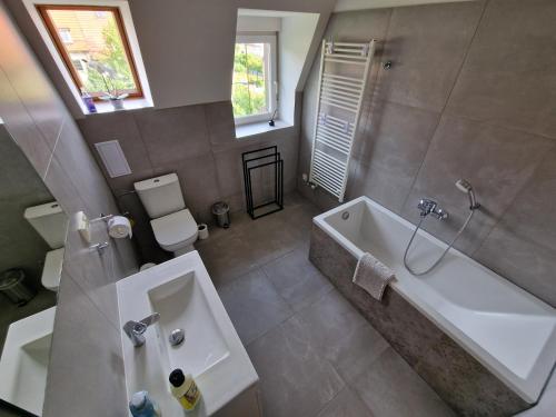 a bathroom with a tub and a toilet and a sink at Zelená in Františkovy Lázně