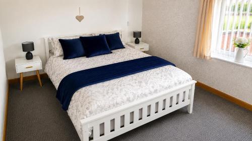 a bedroom with a bed with blue pillows and a window at Coed Bach Suite in Bryngwran