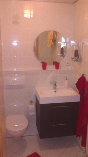 a bathroom with a sink and a toilet and a mirror at Gästehaus Probst in Alken