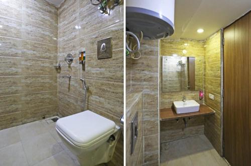 two pictures of a bathroom with a toilet and a sink at Hotel Grand Suites Premier - Near Delhi Aerocity in New Delhi