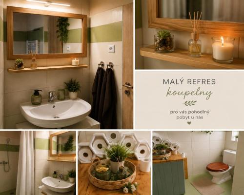 a collage of pictures of a bathroom with a sink at Chalupa 73 in Desov