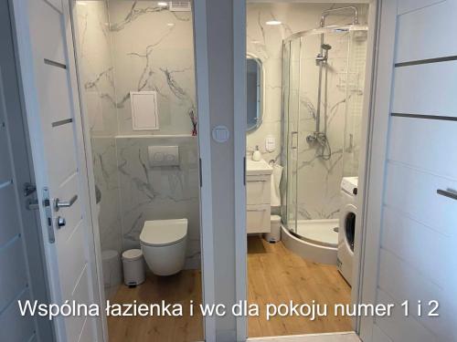 a bathroom with a shower and a toilet and a sink at Rubinkowo Rooms Self Check-in 24h in Toruń