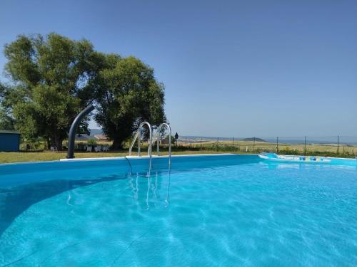 a blue swimming pool with a tree in the background at Mein alter Bauernhof Strassburgerhof in Welling