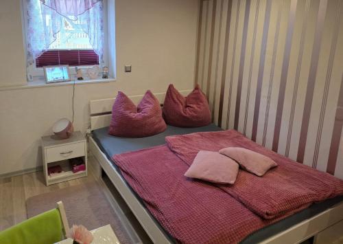 a room with a bed with pink pillows on it at klein aber fein in Freudenthal