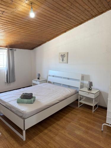 a bedroom with a bed and a wooden ceiling at Casa de Ferias no Gerês in Ferral