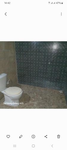a bathroom with a toilet and a green tiled wall at J'adore House in Abémé