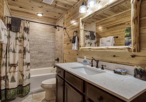 a bathroom with a sink and a toilet and a mirror at Cozy Log Cabin, hot tub, pool table, pool access in Gatlinburg