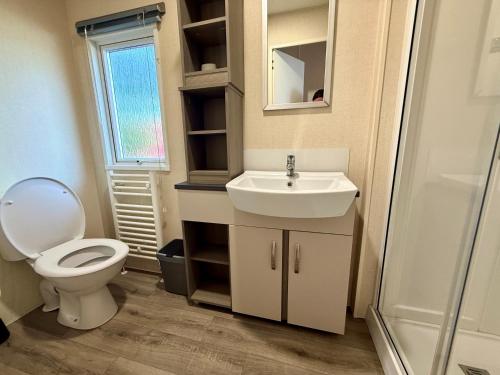 a bathroom with a white sink and a toilet at Chalet am Wattenmeer Holland in Lauwersoog