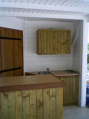 a small kitchen with a sink and wooden cabinets at Chez Georges in Sainte-Anne