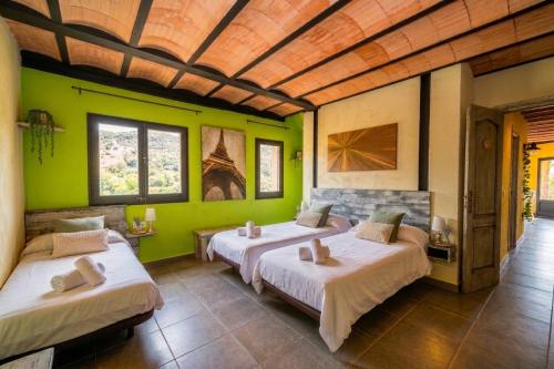 two beds in a room with green walls at Can Castell in Castellfollit de la Roca