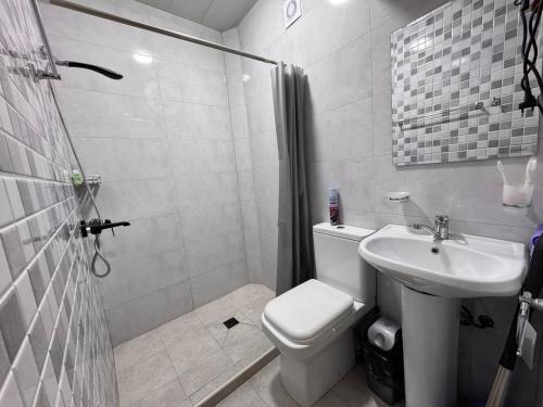 a bathroom with a toilet and a shower and a sink at Goshniver Rest House in Dilijan