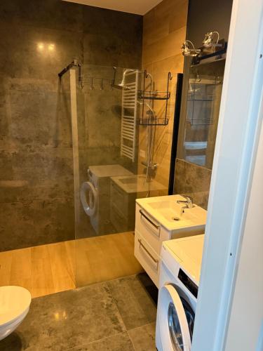a bathroom with a shower and a toilet and a sink at Apartament Bald1 in Kąty Wrocławskie