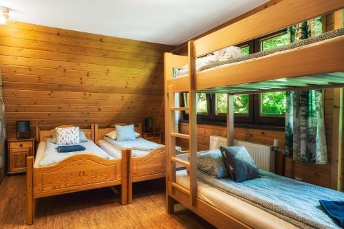 two bunk beds in a room with wooden walls at Ski House Szczyrk - Solisko in Szczyrk
