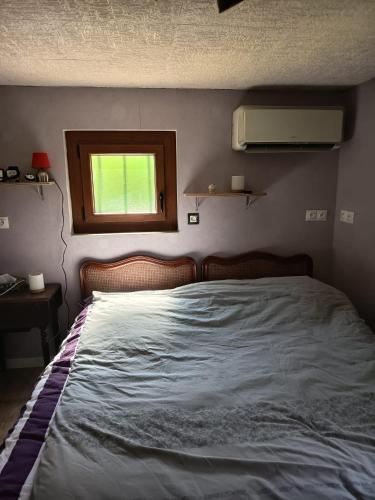 a bedroom with a large bed with a window at Petit cocon in Laignes