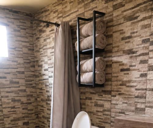 a bathroom with towels on a brick wall at Lujo Rustico Lago Cerca Terraza Mascotas in Llano Grande
