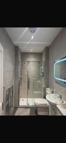 a bathroom with a shower and a toilet and a sink at Edinburgh West Residences in Edinburgh