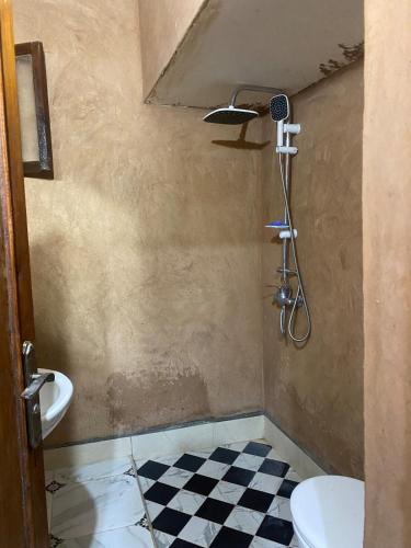 a bathroom with a shower with a toilet and a checkered floor at Aberge Tigmenon Ouirgane in Ouirgane