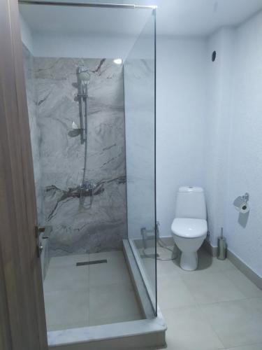 a bathroom with a glass shower and a toilet at Alped in Zestafoni