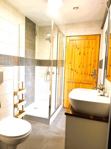 a bathroom with a sink and a toilet and a shower at Agroturystyka Różanka in Nowy Tomyśl
