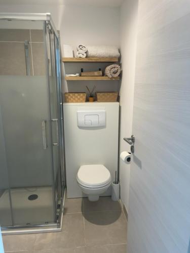 a bathroom with a toilet and a glass shower at À Casarella di Lisa in Vescovato