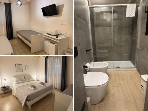two pictures of a bathroom with a bed and a shower at Le Quattro Porte in Marsala