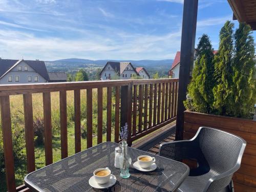 a table and chairs on a balcony with a view at Apartmány MAX - Jeseníky in Vaclavov u Bruntalu