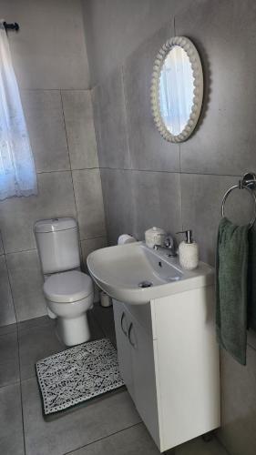 a bathroom with a toilet and a sink and a mirror at Ocean Whisper Strandfontein in Strandfontein