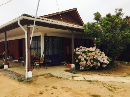 ein Haus mit einem großen Busch rosa Blumen in der Unterkunft Bello Horizonte in El Quisco