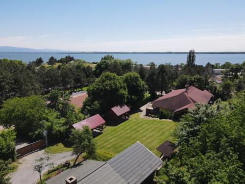 an aerial view of a yard with a house at Penzión Hôrka in Vinné