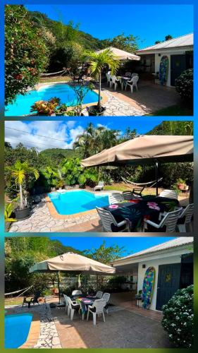 a collage of three pictures of a pool with an umbrella at Uvini's Mahina Lodge in Mahina