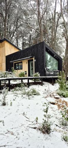 a black house in the woods with snow on the ground at Bosque Cipreses Sur in San Carlos de Bariloche