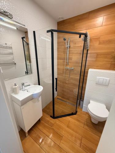 a bathroom with a shower and a sink and a toilet at Dom nad Wigrami in Suwałki