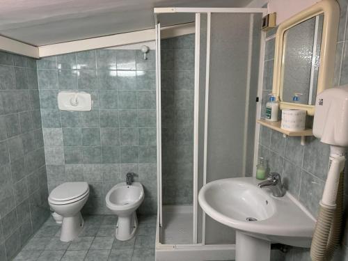 a bathroom with a toilet and a sink and a shower at Hotel Tania in Casa Giosafat