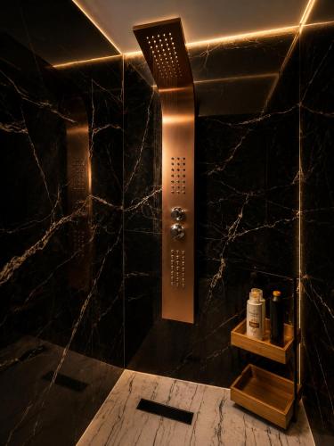 a bathroom with a shower with a black marble wall at Maison Royale in Otopeni