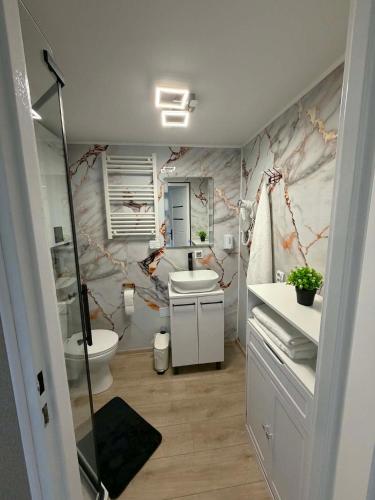a bathroom with a sink and a toilet at Glamping Bieszczadzki Amor in Zawóz